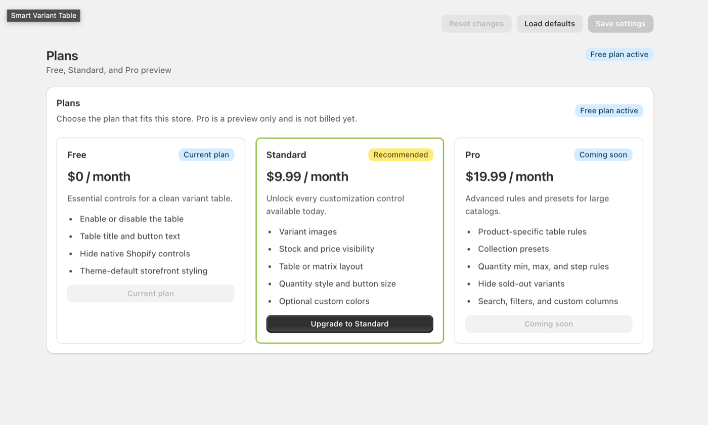 Smart Variant Table plans with Free Standard and Pro options